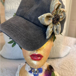 Gray Denim Baseball Cap with Handmade Removable Paisley Floral Pin OS adjustable